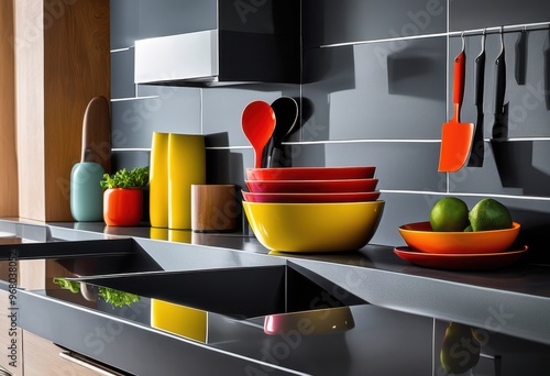 colorful functional kitchen safety gadgets perfectly arranged spotlessly clean environment, accessories, appliances, bright, chef, cleaning, compact photo