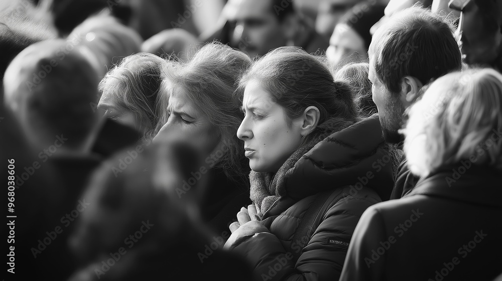 Fototapeta premium A Captivating Black And White Image Of A Pensive Woman Lost In Thought Amidst A Vibrant Crowd At A Public Event Gathering