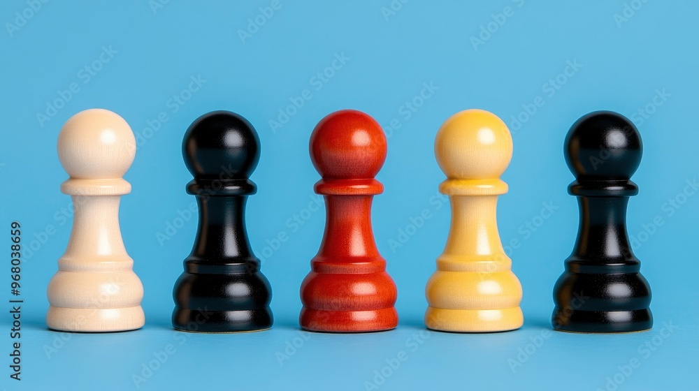 Colorful Chess Pawns in a Row on Blue Background Colorful Chess Pawns in a Row on Blue Background