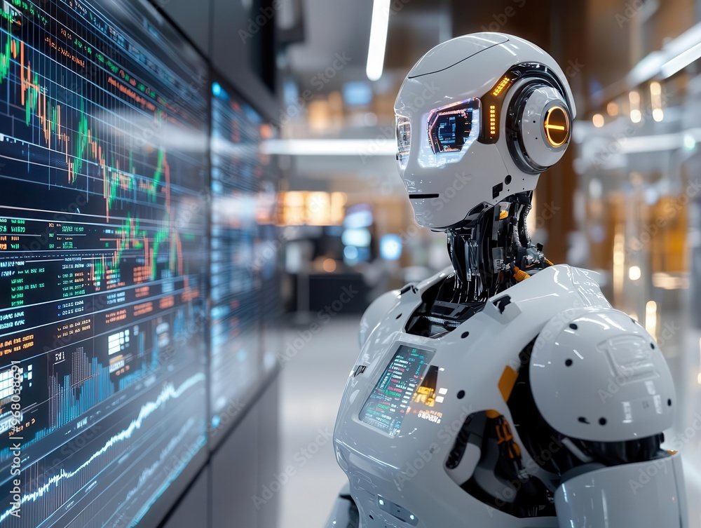 A humanoid robot looking at a stock market data screen. A humanoid robot looking at a stock market data screen.