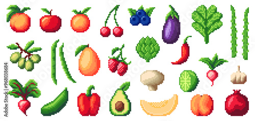 8bit pixel art vegetables and fruits, game asset. Apple, cherries, eggplants, spinach and blueberries, asparagus, grapes or green beans. Mango, strawberries, artichoke and red chili or bell peppers