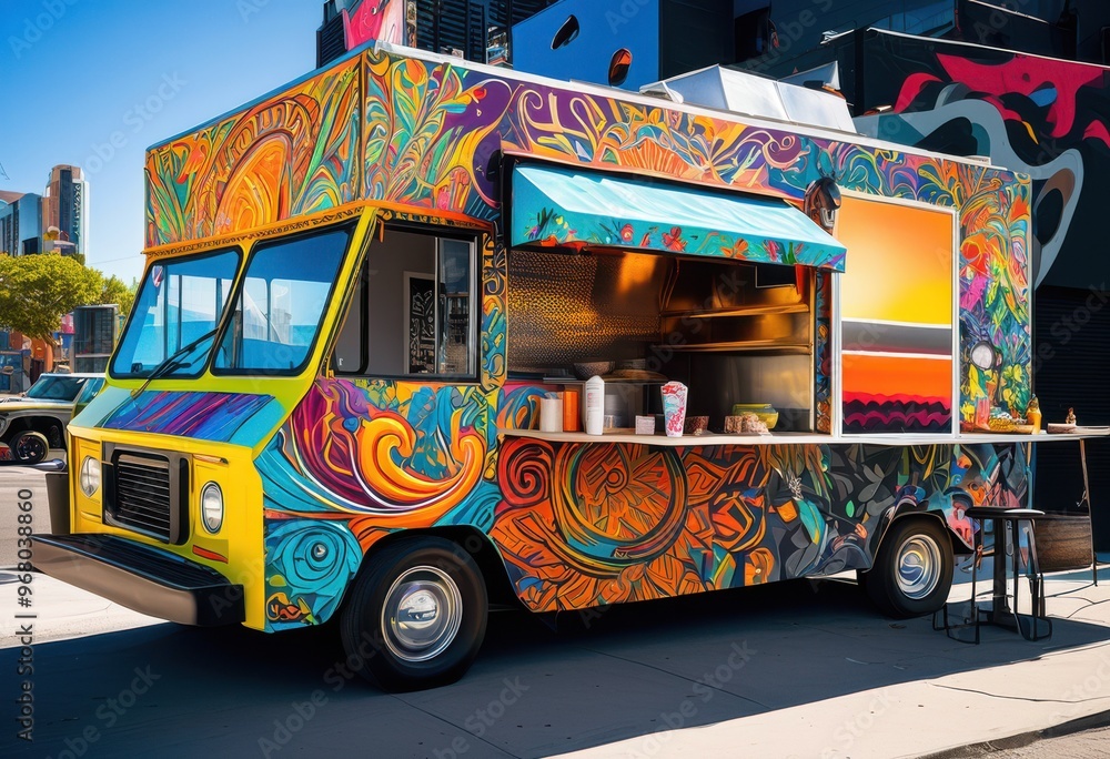 Obraz premium vibrant food truck displaying colorful street art mural eye catching designs bold colors lively urban setting, graffiti, paint, creativity, aesthetic, artistic