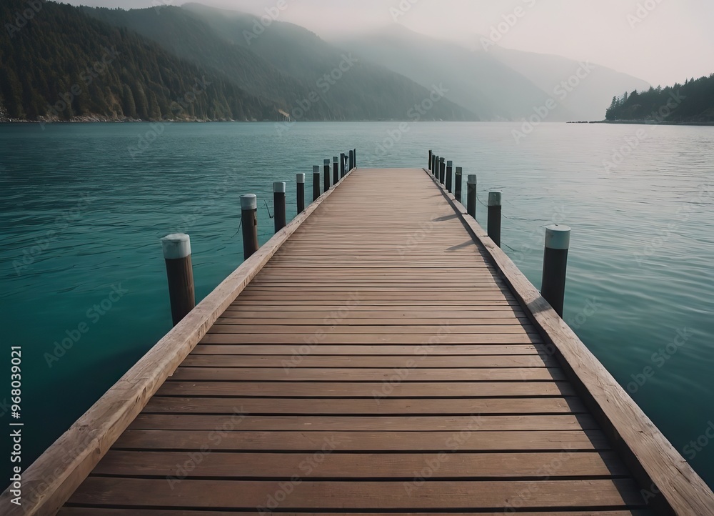 A Beautiful Serene Lake View Featuring a Wooden Pier Set Within a Misty Landscape Scene A Beautiful Serene Lake View Featuring a Wooden Pier Set Within a Misty Landscape Scene