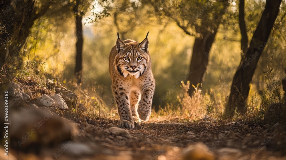Obraz premium Majestic Lynx Walking Through a Sunlit Forest