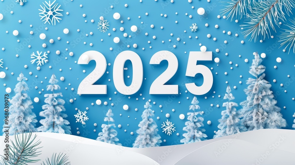 white numbers 2025 on minimalistic blue background with snow and pine trees. happy new year card white numbers 2025 on minimalistic blue background with snow and pine trees. happy new year card