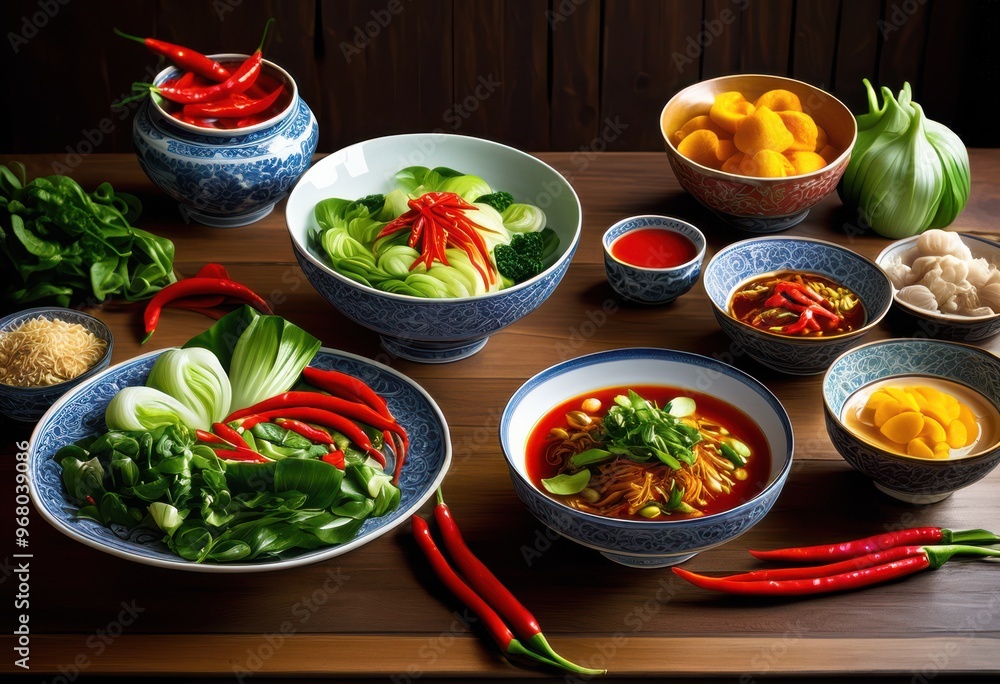 vibrant display colorful chinese dishes elegantly arranged table featuring fresh ingredients traditional cookware, cuisine, presentation, selection vibrant display colorful chinese dishes elegantly arranged table featuring fresh ingredients traditional cookware, cuisine, presentation, selection