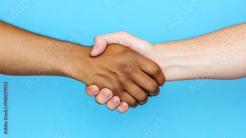 Interracial Handshake on Blue Background