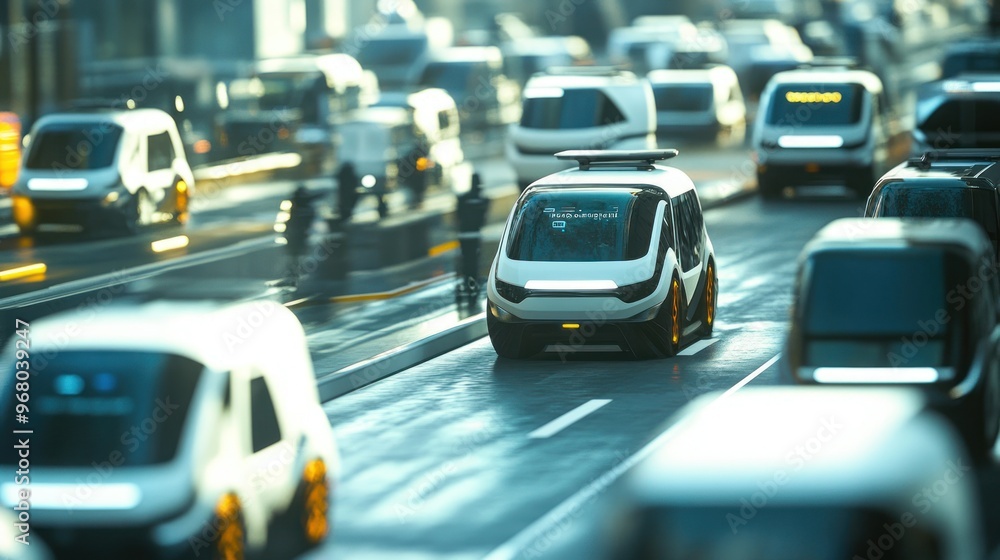 Futuristic White Self-Driving Van in City Traffic Futuristic White Self-Driving Van in City Traffic