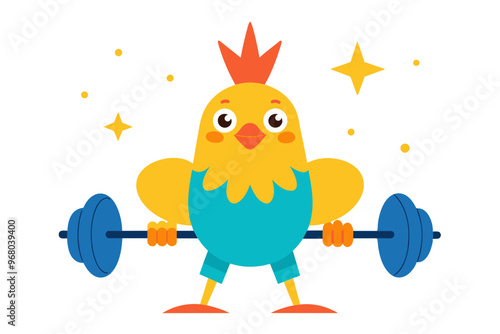 Cartoon Chicken feels pressure as he lifts the barbell with his arms and legs. With some stars vector design photo