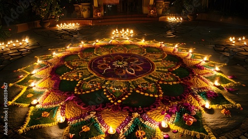 Beautifully arranged rangoli design with candles illuminating the festive ambiance during Diwali celebrations.