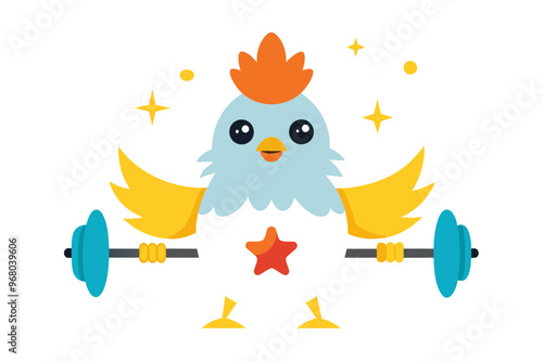 Cartoon Chicken feels pressure as he lifts the barbell with his arms and legs. With some stars vector design photo