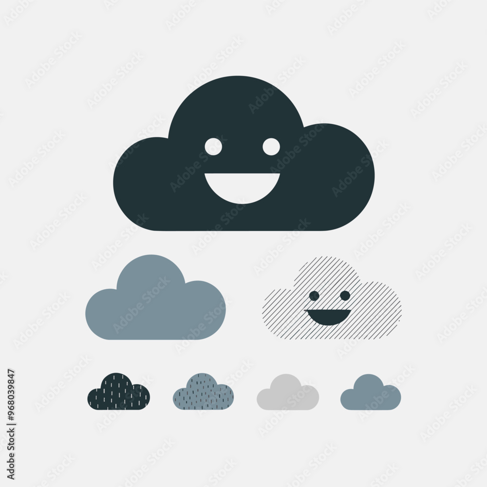 A cheerful cloud character with a smile, surrounded by various other cloud designs in different shades and styles. A cheerful cloud character with a smile, surrounded by various other cloud designs in different shades and styles.