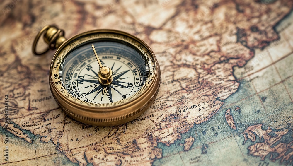 An antique compass sitting on top of an old map, with the needle pointing towards different cities An antique compass sitting on top of an old map, with the needle pointing towards different cities