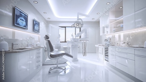 A modern dental clinic with a dentist examining a patient's teeth under a bright overhead light