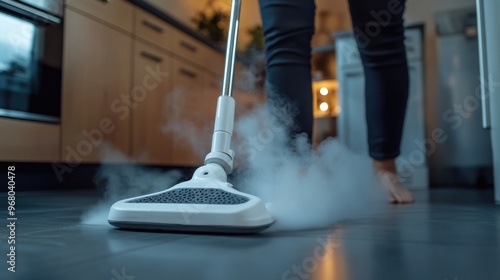 Wallpaper Mural A person disinfecting a kitchen floor with a steam mop, releasing steam and removing germs from the surface - Torontodigital.ca