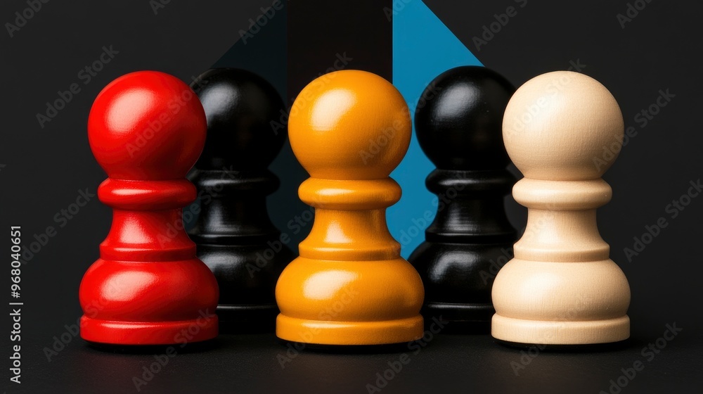Four Chess Pawns Standing In A Row Against A Colorful Background Four Chess Pawns Standing In A Row Against A Colorful Background