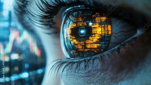 Close-up of a human eye with digital data reflected in the pupil.