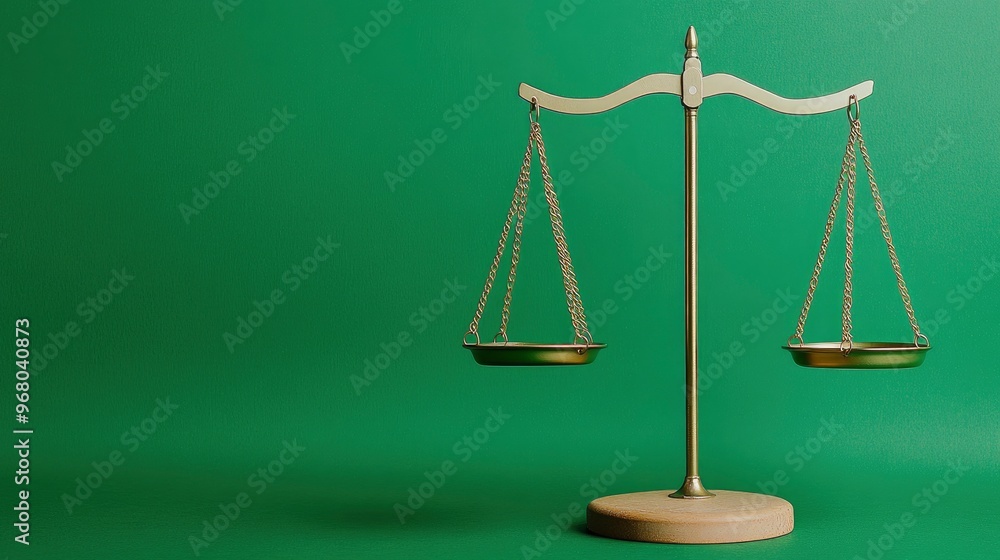 Balanced Golden Scales of Justice on Green Background Balanced Golden Scales of Justice on Green Background