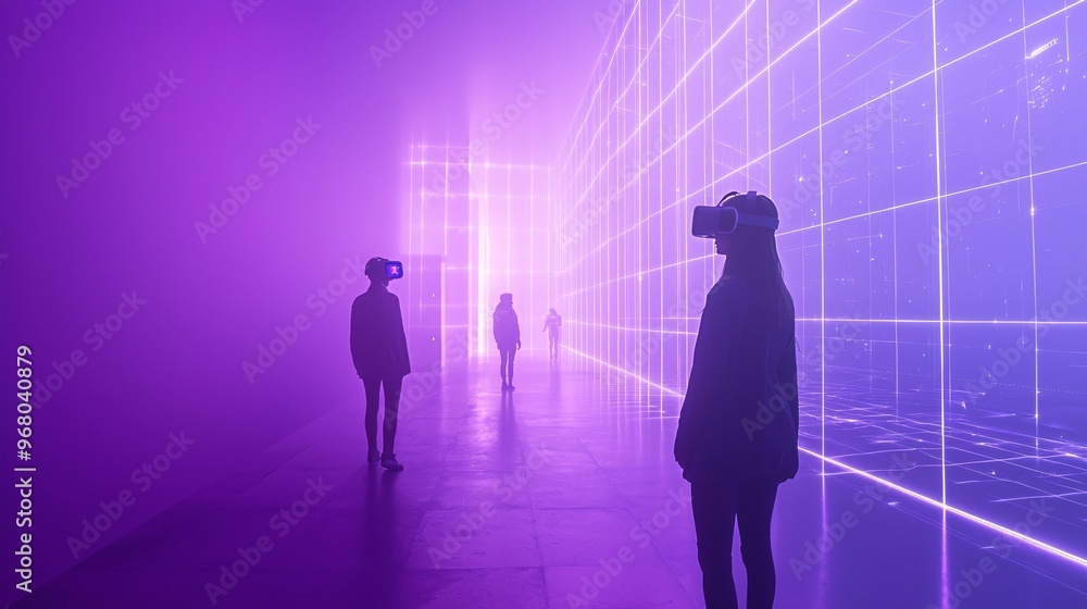 Person Engaging in Virtual Reality Experience, Blending Real and Digital Worlds in a Futuristic Setting Person Engaging in Virtual Reality Experience, Blending Real and Digital Worlds in a Futuristic Setting