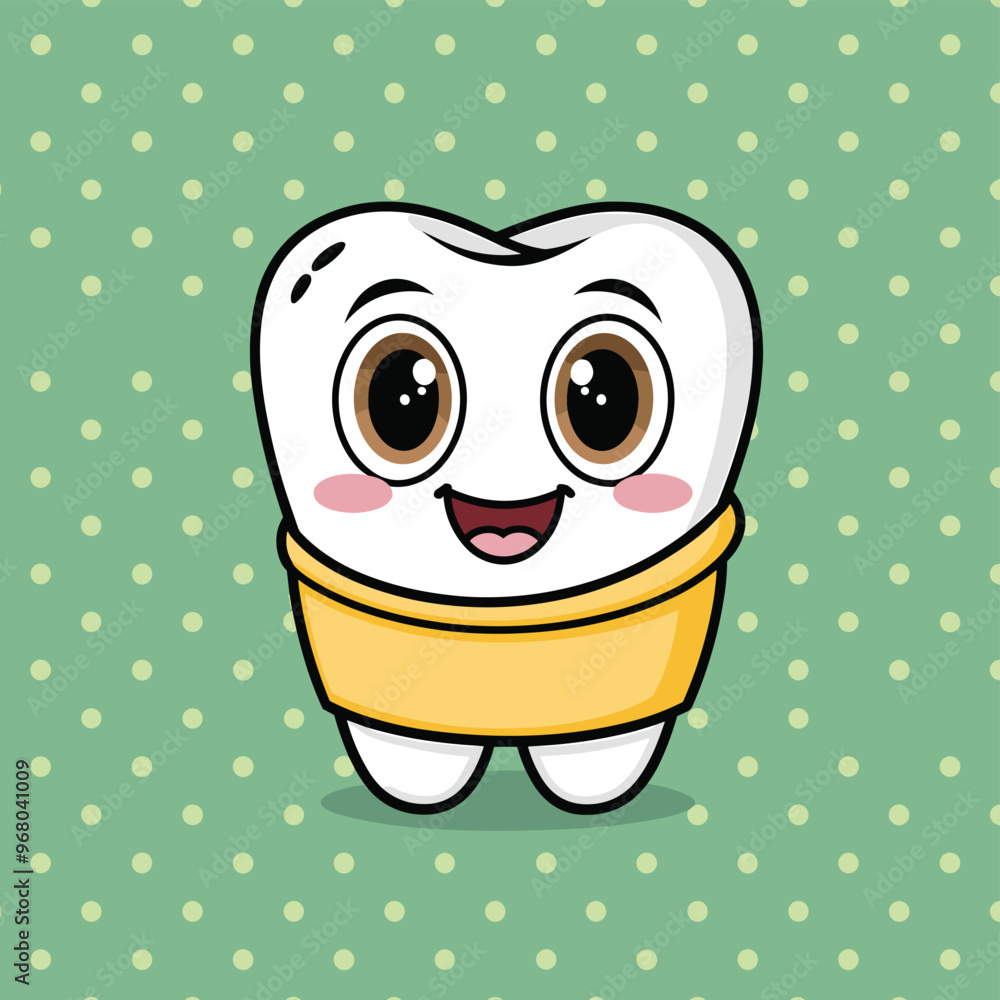 Fototapeta premium A cheerful cartoon tooth character with big brown eyes, wearing a yellow shirt, set against a green polka dot background.