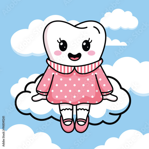 Cute cartoon tooth character, smiling happily in a pink dress with polka dots, floating on a fluffy cloud against a blue sky.