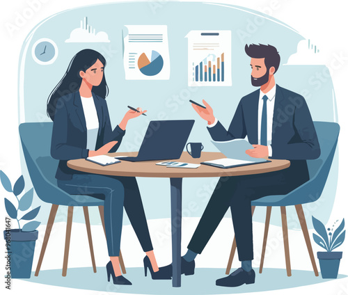 Partners meeting for business discussion with documents and laptop on desk. Couple at round table, speaking, discussing work, partnership. Flat vector illustration isolated on white background