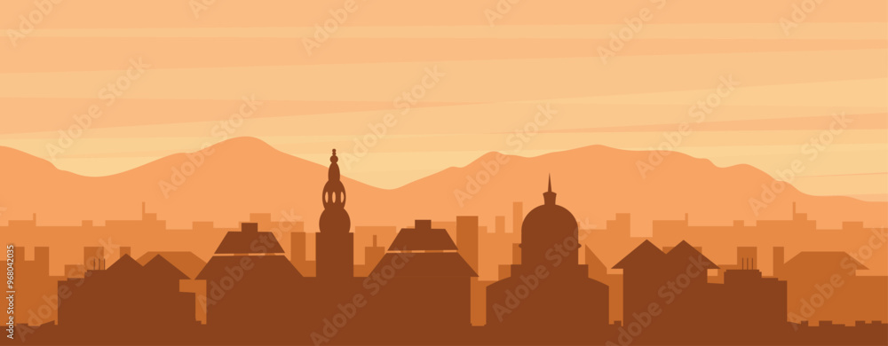 Fototapeta premium Brown panoramic poster of the city skyline with misty background buildings, sunrise, clouds and mountains of COPENHAGEN, DENMARK