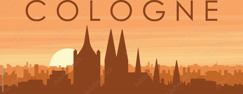 Brown panoramic poster of the city skyline with misty background buildings, sunrise, clouds and mountains of COLOGNE, GERMANY Brown panoramic poster of the city skyline with misty background buildings, sunrise, clouds and mountains of COLOGNE, GERMANY