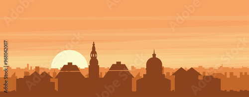Brown panoramic poster of the city skyline with misty background buildings, sunrise, clouds and mountains of COPENHAGEN, DENMARK