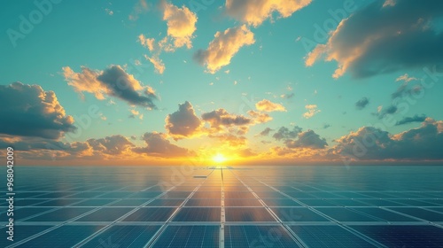 A solar farm with rows of photovoltaic panels facing the sun, with clouds moving across the sky photo