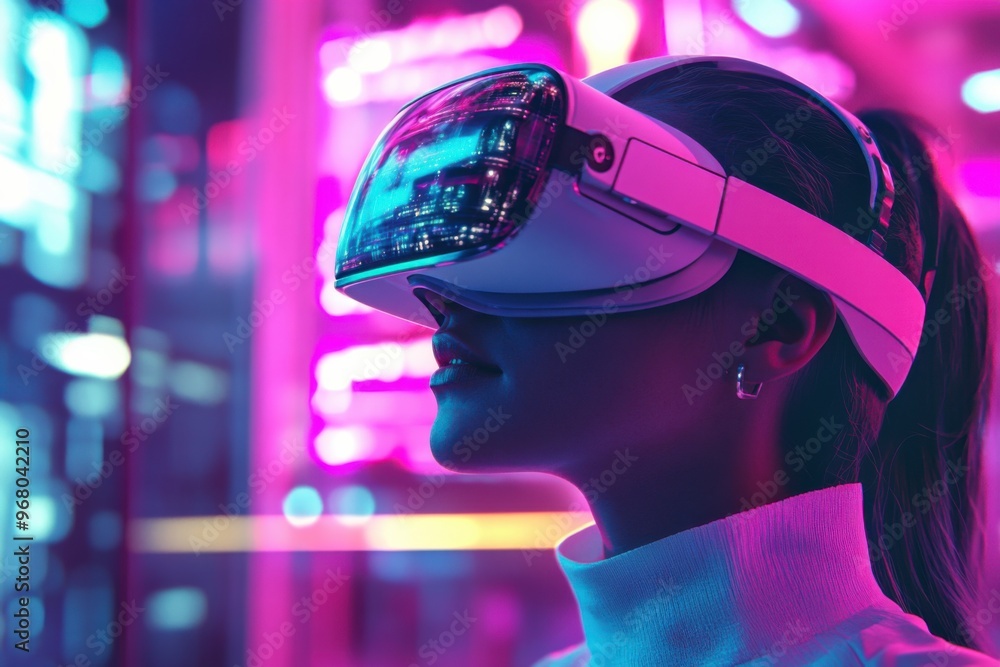 A futuristic scene of a woman wearing sleek VR glasses, immersed in a vibrant virtual world filled with neon lights and holograms A futuristic scene of a woman wearing sleek VR glasses, immersed in a vibrant virtual world filled with neon lights and holograms