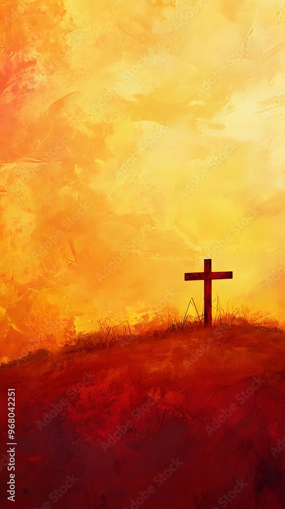 Obraz premium A digital painting of an Easter scene with the silhouette of crosses on top of small hills, against a backdrop of golden and pink sky, symbolizing Jesus' triumph over death