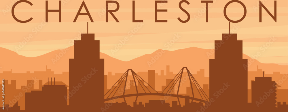 Brown panoramic poster of the city skyline with misty background buildings, sunrise, clouds and mountains of CHARLESTON, UNITED STATES Brown panoramic poster of the city skyline with misty background buildings, sunrise, clouds and mountains of CHARLESTON, UNITED STATES