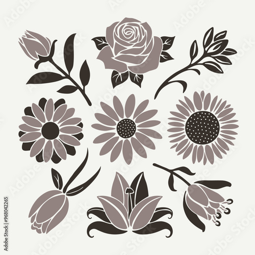 An elegant floral arrangement featuring various flowers in monochrome tones, adding a stylish touch to any design.