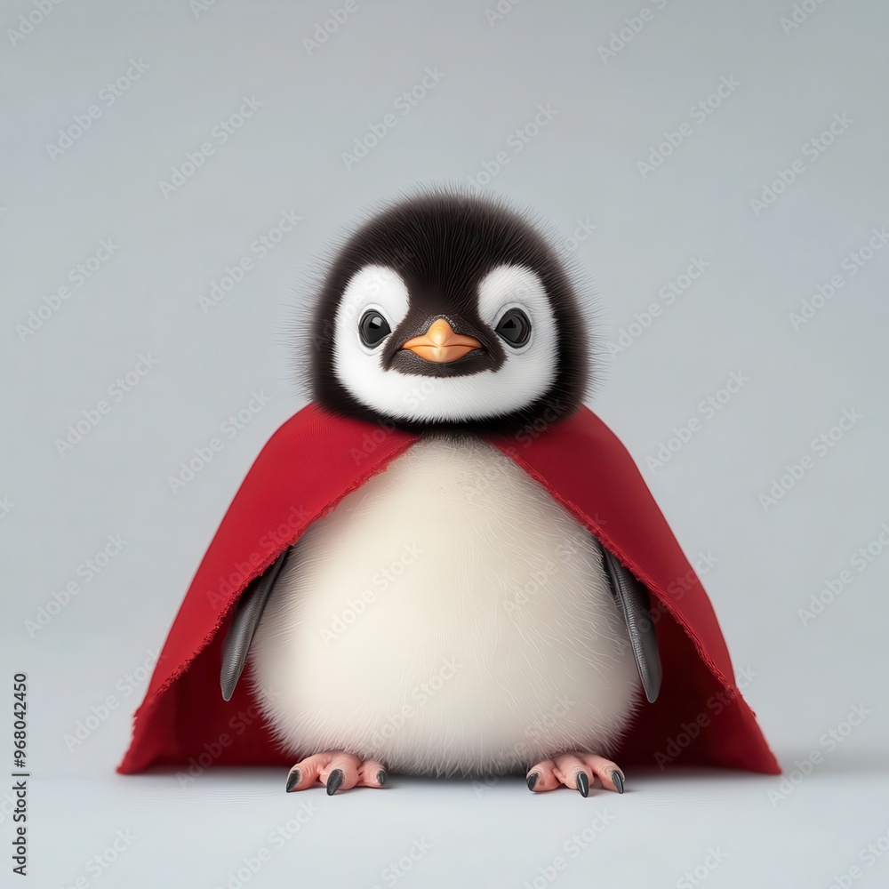 Fototapeta premium Penguin wearing a tiny Dracula cape and fangs, vampire penguin, adorable Halloween animal