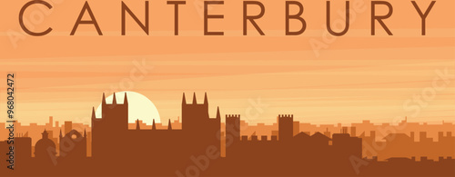 Bild auf Leinwand Brown panoramic poster of the city skyline with misty background buildings, sunr