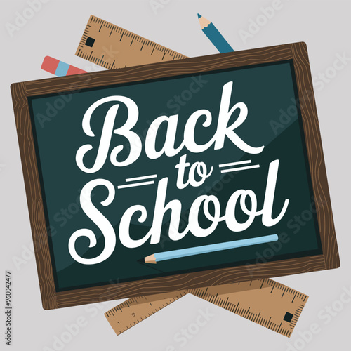 A colorful chalkboard with the text 'Back to School' set against a gray background, surrounded by school supplies like rulers and pencils.