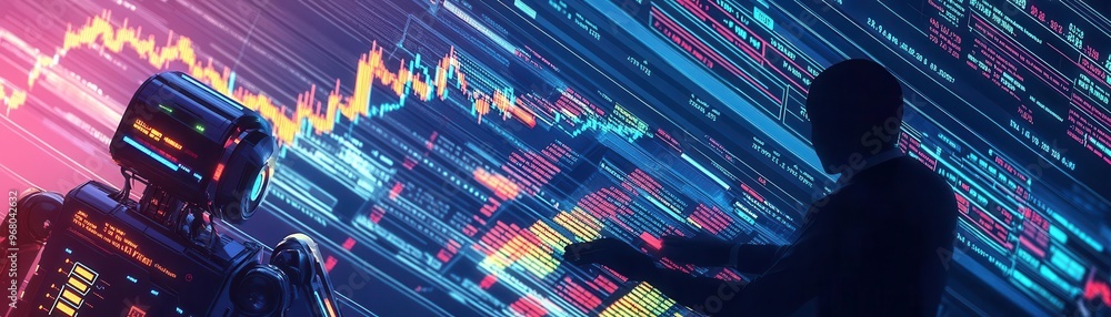 Silhouette of a person in front of a digital data stream background. Silhouette of a person in front of a digital data stream background.