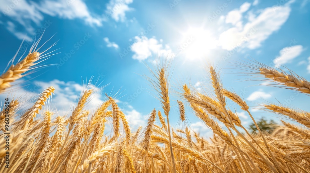 A sunlit field with golden wheat swaying in the wind, under a bright blue sky, capturing the essence of summer harvest A sunlit field with golden wheat swaying in the wind, under a bright blue sky, capturing the essence of summer harvest