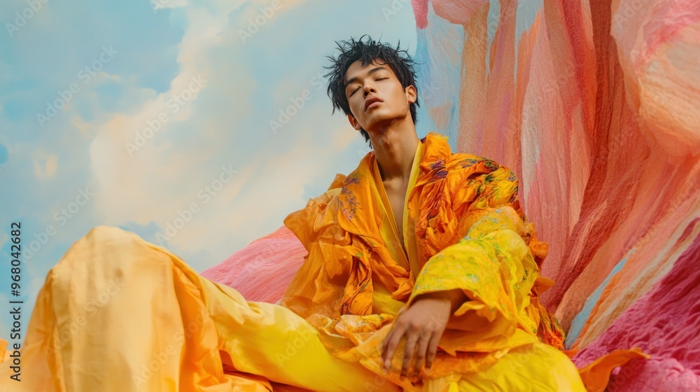 Fototapeta premium A young man in a yellow and orange patterned robe against a colorful, abstract background.
