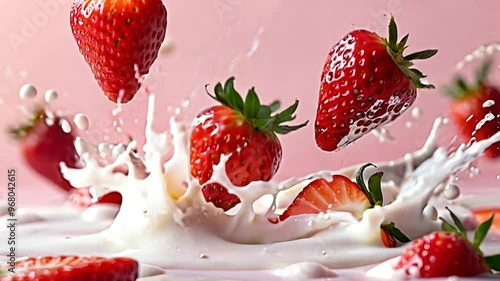 Strawberry fruits falling on a liquid milk
