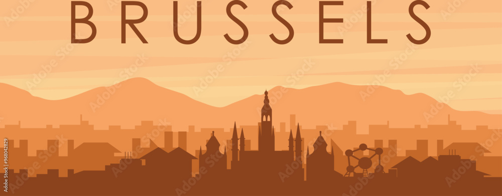 Brown panoramic poster of the city skyline with misty background buildings, sunrise, clouds and mountains of BRUSSELS, BELGIUM Brown panoramic poster of the city skyline with misty background buildings, sunrise, clouds and mountains of BRUSSELS, BELGIUM
