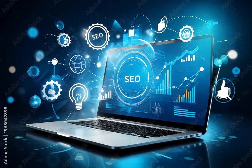 SEO Optimization on Laptop Digital Marketing and Data Analytics Concept SEO Optimization on Laptop Digital Marketing and Data Analytics Concept