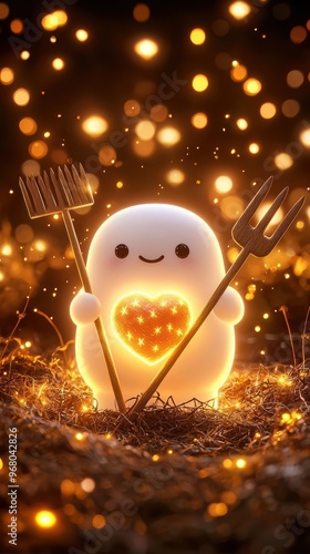 Chubby cute ghostly farm animals using a cobwebcovered pitchfork, holding heartshaped icecream, Halloween love, 3D illustration photo