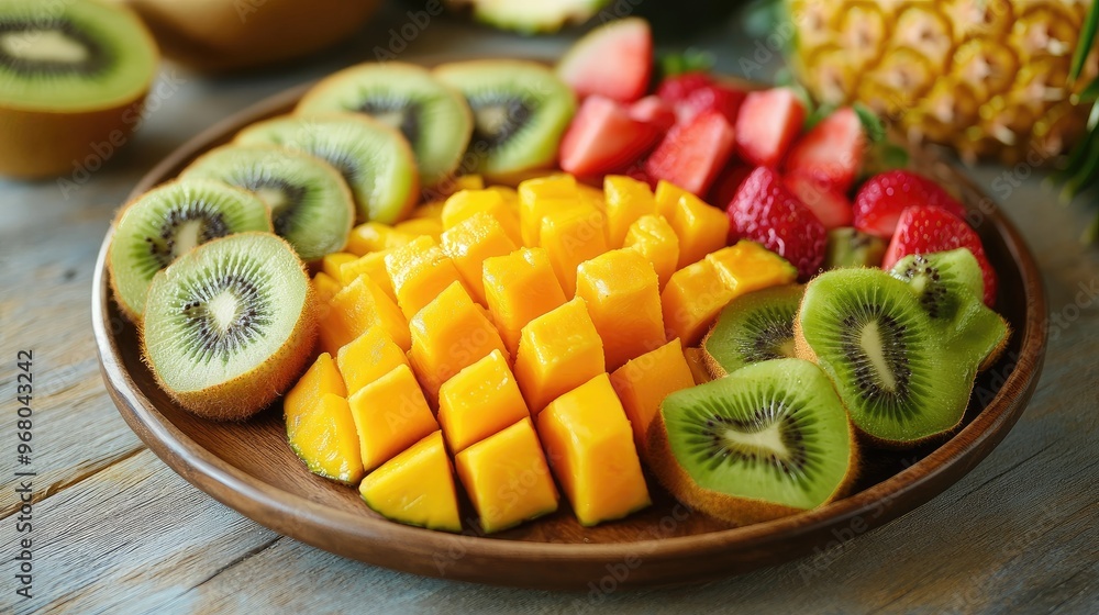 A tropical summer fruit platter with mangoes, pineapples, kiwis, and papayas arranged beautifully on a wooden table A tropical summer fruit platter with mangoes, pineapples, kiwis, and papayas arranged beautifully on a wooden table
