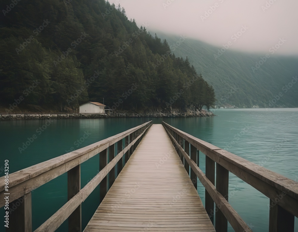 A Beautiful Serene Lake View Featuring a Wooden Pier Set Within a Misty Landscape Scene A Beautiful Serene Lake View Featuring a Wooden Pier Set Within a Misty Landscape Scene