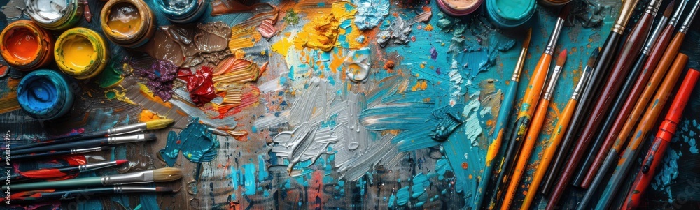 Fototapeta premium Many paint brushes and paints on a table