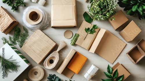 A variety of eco-friendly packaging materials like recycled paper, cardboard, and biodegradable plastic