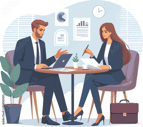 Partners meeting for business discussion with documents and laptop on desk. Couple at round table, speaking, discussing work, partnership. Flat vector illustration isolated on white background