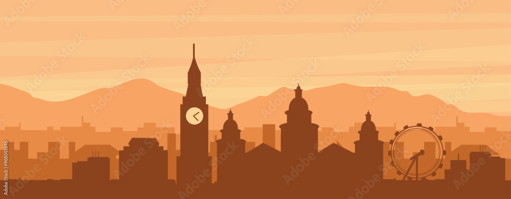 Naklejka premium Brown panoramic poster of the city skyline with misty background buildings, sunrise, clouds and mountains of BELFAST, UNITED KINGDOM